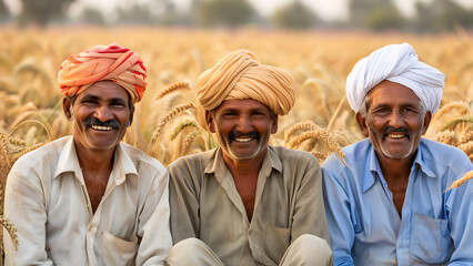 Portrait of a group of 3 rural Indian farmers in a wheat field. Happy Old Indian Farmers or villagers smiling and happy.