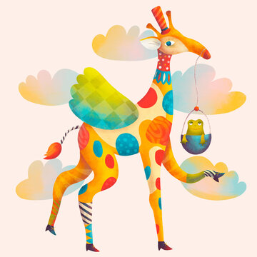 Fairy circus character giraffe with cute frog