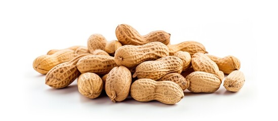 A large collection of peanuts piled up on a clean white background. The peanuts are shelled and ready to eat, creating a visually appealing display of this popular snack.