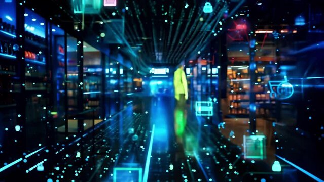 A projected holographic image of a retail store layout highlighting areas where IoT devices have been strategically p to improve efficiency and sales.
