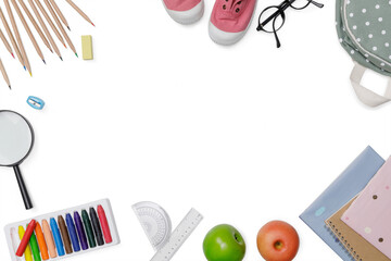 Creative flatlay of education white table with backpack, student books, shoes, colorful crayon, eye glasses, empty space isolated, Concept of education and back to school, PNG transparency with shadow