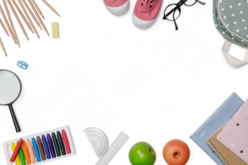 Creative flatlay of education white table with backpack, student books, shoes, colorful crayon, eye glasses, empty space isolated, Concept of education and back to school, PNG transparency with shadow