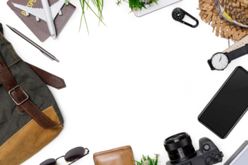 Top view mockup of Traveler's accessories with passport, books of travel plan, wallet, camera, hat, backpack and airplane toy isolated, Tropical travel concept, PNG transparency with shadow