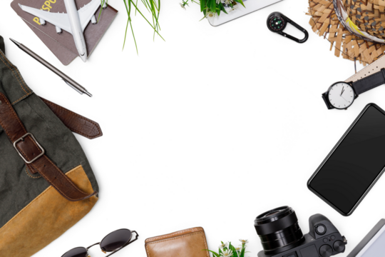 Top view mockup of Traveler's accessories with passport, books of travel plan, wallet, camera, hat, backpack and airplane toy isolated, Tropical travel concept, PNG transparency with shadow