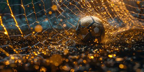 Dramatic shot of soccer ball hits net for a goal in fire
A golden soccer ball in a goal net.
 - obrazy, fototapety, plakaty