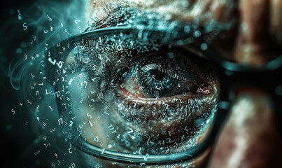 Human eye peering through glasses, surrounded by an array of floating, three-dimensional letters in a cryptic pattern symbolizing vision, knowledge, and the search for meaning in language