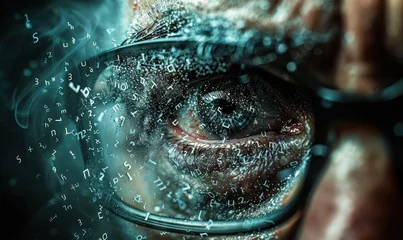 Foto op Canvas Human eye peering through glasses, surrounded by an array of floating, three-dimensional letters in a cryptic pattern symbolizing vision, knowledge, and the search for meaning in language © Bartek