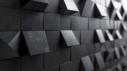A sleek, semigloss wall backdrop features triangular tile wallpaper adorned with 3D black blocks in this rendered image