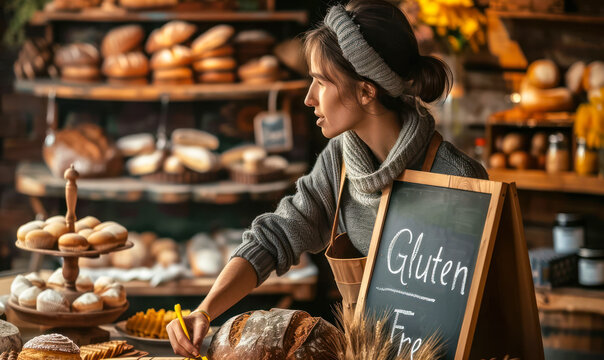 Bakery owner writing Gluten Free on a chalkboard with wheat illustration, promoting healthy dietary options in a rustic bread shop - Powered by Adobe