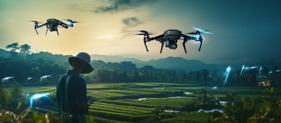 An agricultural drone gracefully pollinates a farm field nature and technology intertwining for abundant harvests. Bridging Nature and Technology Agricultural Drones Transforming Farm Fields - obrazy, fototapety, plakaty
