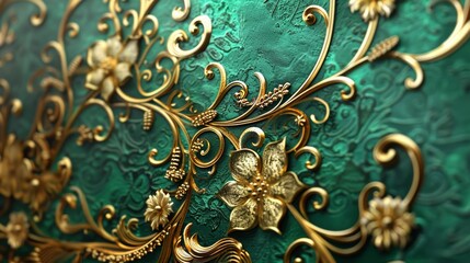 Emerald Elegance: Gold Filigree on a Verdant Background