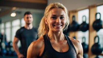 Fototapeta premium Happy woman working out at gym, fitness girl