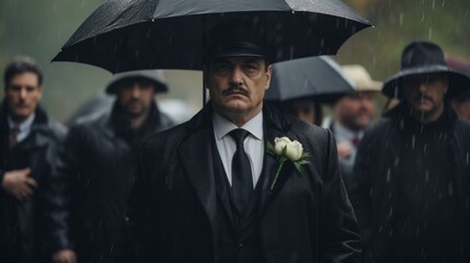 Obraz premium Funeral of a mafia boss. Sad faces. Mourning. People dressed in black