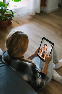Close-up view of a girl in a video call 