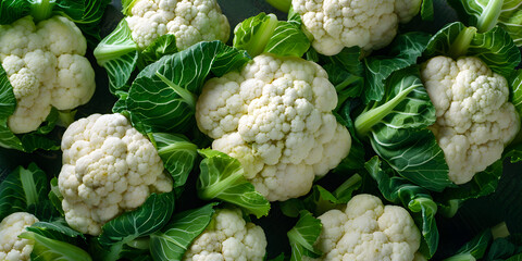 Freshly harvested cauliflower in a cardboard box at the farmers market. White cabbage for healthy eating. Organic vegetables business.The concept of a healthy lifestyle and diet.

 - obrazy, fototapety, plakaty