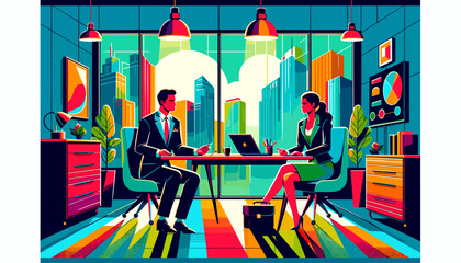 Concept vector illustration of a meeting between a businessman and a businesswoman.