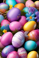 Obraz na płótnie Canvas the Easter landscape, bunnies with colorful eggs