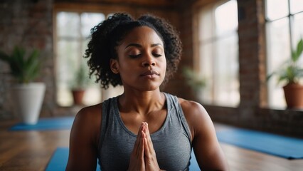 Black woman practicing deep breathing exercises