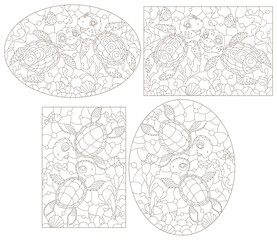 A set of contour illustrations in the style of stained glass with cute cartoon turtles, dark