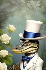 green crocodile wearing a top hat and top hat