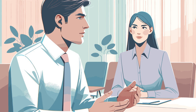 Concept vector illustration of a meeting between a businessman and a businesswoman.