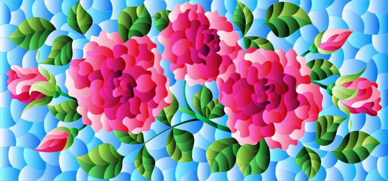 Illustration in stained glass style with a bright pink roses flowers on a blue background, rectangular image