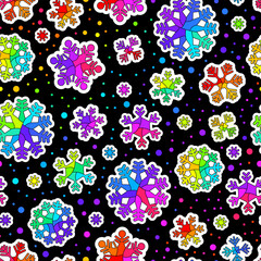 Seamless stained glass illustration with bright snowflakes on a black background