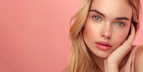Fototapeta premium Beautiful Young Blond Woman with Green Eyes. Perfect Skin. Facial Skin Care. Cosmetology, Beauty, Cosmetics Concept, Spa. Beige Pink Background with Copy Space.