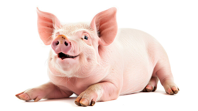 A Cheerful Pink Piglet Smiling Directly At The Camera, Isolated On A White Background.
