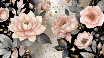 Elegant pinky grey floral wallpaper art, magical flowers background design - obrazy, fototapety, plakaty