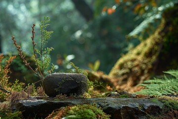 A stone podium set amidst the forest, bathed in warm illumination, adorned with moss-covered stones encircled by branches and grass. An empty stand background ideal for promoting natural products.