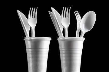 Disposable white plastic cups and cutlery on a black background. Ecology and recycling concept.