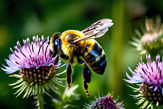 Large earth bumblebee (Bombus terrestris) in flight at the flower of a globe thistle (Echinops)
