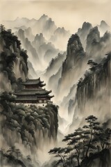 a Watercolor landscape of mountains in China. Created using Generative AI technology.