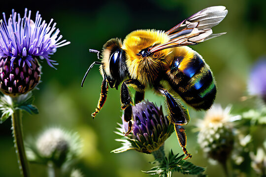 Large earth bumblebee (Bombus terrestris) in flight at the flower of a globe thistle (Echinops)