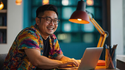 Asian Man Exuding Joy And Satisfaction As She Works On Her Laptop