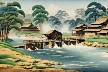 Obraz premium an ancient village,tree,hills and rivers ai generative