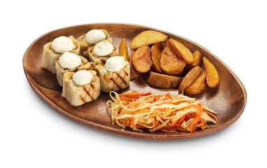 cabbage salad, country potatoes and rolls on a wooden plate isolate on white background