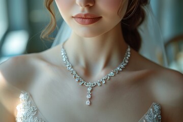Elegant Bride in Wedding Dress With Diamond Necklace. Generative AI