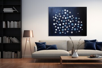 A Sophisticated Dark Blue Canvas Featuring a Rhythmic Arrangement of Dots, Creating a Sense of Movement and Depth, Generative AI