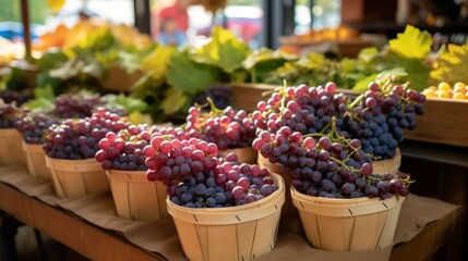 Baskets of Ripe red grapes on the Counter. Local Organic products at the farmer's market. Autumn harvest, winery, Agriculture, Plantation, Farm concepts.