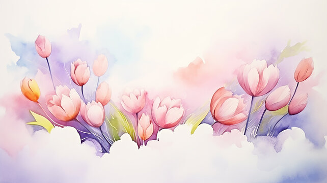 Spring flowers tulips in white clouds, watercolor greeting card background
