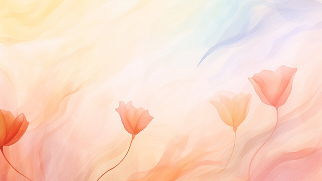 Spring flowers in pink and orange, background greeting card in watercolor style