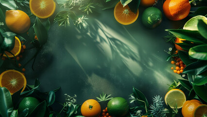 Obraz na płótnie Canvas Citrus fruits and leaves cast shadows on a dark surface in top view for text or product showcase