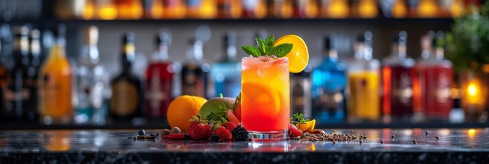 exquisite cocktail creation, meticulously decorated with fruits and flowers, elegantly presented on a bar table against the lavish interior of a 5-star hotel, embodying the hospitality. ai generated