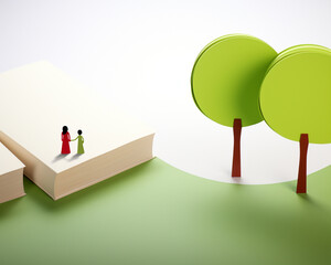 Minimalist storybook scene with two figurine characters and stylized trees on a book