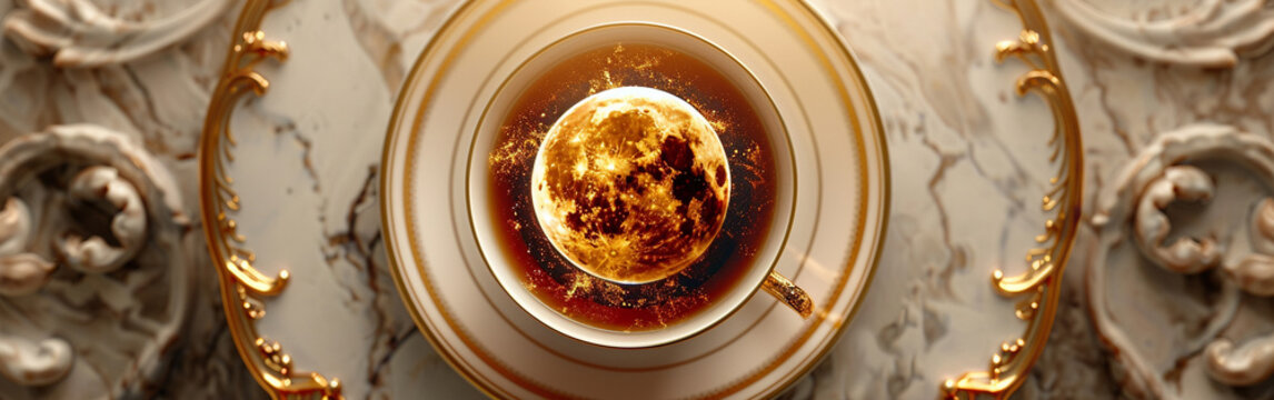 A hyper-realistic 3D total solar eclipse reflected on the surface of a coffee cup on an ornate porcelain plate