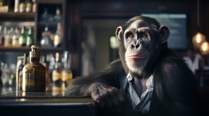 Monkey sits in a bar waiting for an order. Chimpanzee in bar