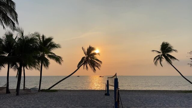 Paradise beaches of Phu Quoc Sonasea beach. Palm trees sea sunset Indian Ocean Luxury vacation near hotels. Travel travel agency destination beauty of nature rest. relaxation