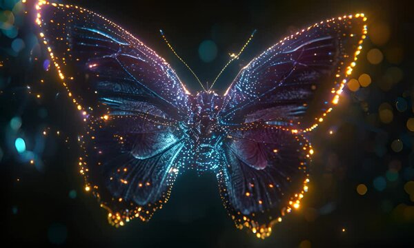 A glowing butterfly with luminous dots on its wings in the darkness. The concept of bioluminescence and nature.